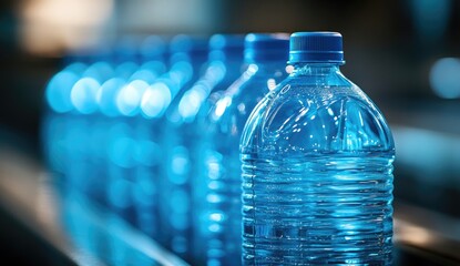 Clear plastic water bottles in a production line