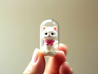 Pocket-Sized Dream: A Tiny White Cat with a Pink Ribbon Encapsulated in Crystal Clarity, Holding Pure Cuteness Between Reality and Fantasy, gashapon