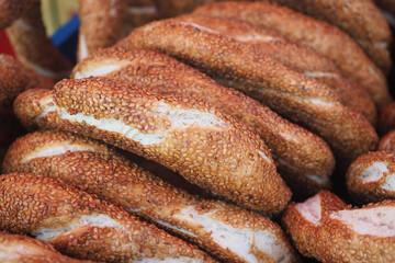 Freshly baked turkish simit bread loaves at market
