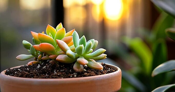 Close-up view of a small succulent plant in a terracotta pot, illuminated by warm sunset light. The succulent displays vibrant green and orange hues