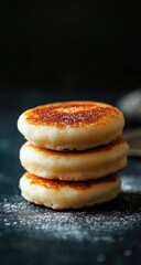Stack of three golden-brown, round, cooked pancakes on dark surface