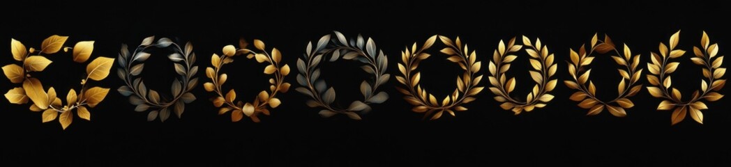 Seven golden and bronze laurel wreaths with varying leaf designs arranged in a row on a black background symbolizing achievement and honor
