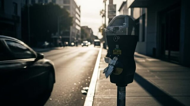 Parking meter being used on city street during late afternoon sunlight