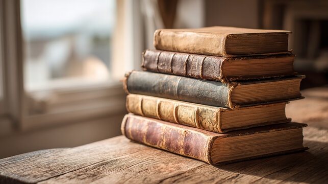 Stack of antique books on a wooden table, a timeless collection of knowledge and stories