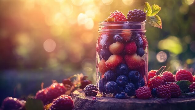 Colorful berries in a glass jar, bathed in sunlight