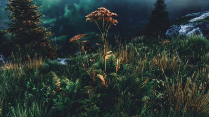 Mountaintop wildflowers in a misty morning light