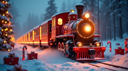 Vintage Christmas Train in Snowy Forest with Lights, Gifts, and Winter Holiday Decorations