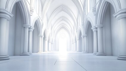 Fototapeta premium Vast, white cathedral hallway with arched windows, leading to bright light
