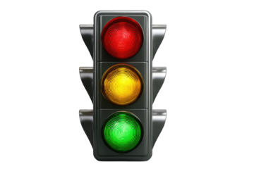 A classic traffic signal with red, yellow, and green lights, displayed against a black background.  The lights are illuminated, showing a clear indication of stop, caution, and go