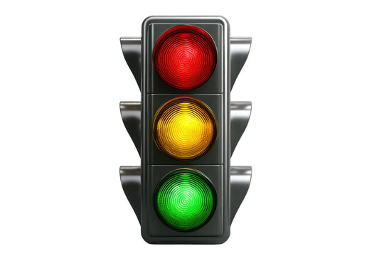 A classic traffic signal with red, yellow, and green lights, displayed against a black background.  The lights are illuminated, showing a clear indication of stop, caution, and go