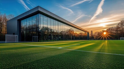 Naklejka premium Modern sports facility with large glass walls beside a lush green soccer field at sunset with the sun low on the horizon casting long shadows