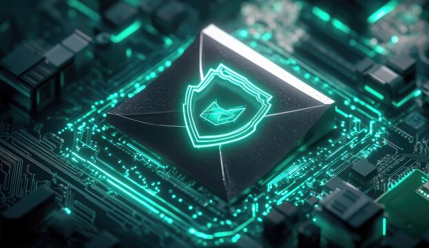 Secure digital communication. Electronic mail icon with shield graphic on circuit board