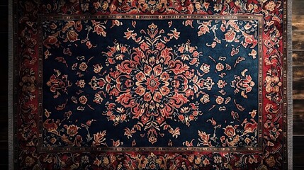 ornate rectangular carpet with intricate floral and geometric patterns in deep navy blue red and beige colors placed on wooden floor