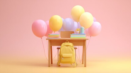 Pastel-toned school desk scene with colorful balloons and supplies