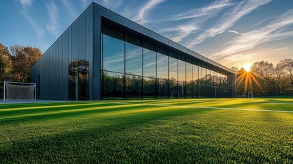 Naklejka premium Modern sports facility with large glass windows reflecting the sky, artificial green soccer field, and sunset casting long shadows