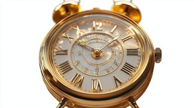 close-up of a vintage golden alarm clock showing roman numerals and intricate details on a white background - Powered by Adobe
