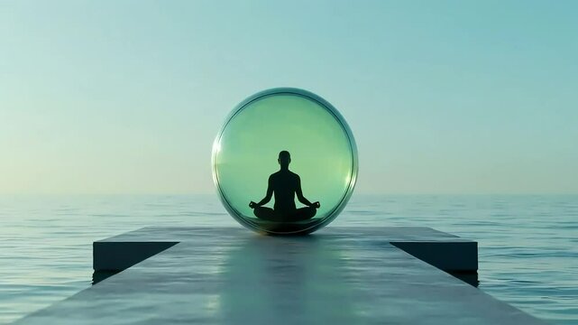 Silhouette of meditation in a green translucent sphere over a still pier and quiet sea under a soft diffused sky. Concept of spiritual balance and tranquility