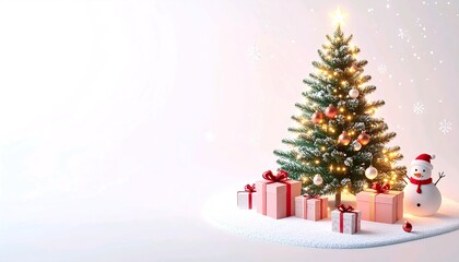 Obraz premium Isometric Pastel Christmas Scene with Tree, Gifts, Snowman, and Falling Snow on White Background