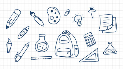 Hand-Drawn Doodle Illustrations of School, Education, and Science Objects on Grid Paper Background