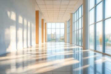 Fototapeta premium Bright empty modern interior space with large floor-to-ceiling windows casting long shadows on glossy tiled floor during daytime
