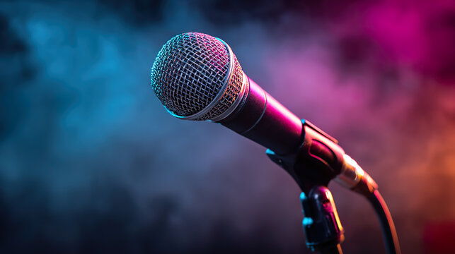 Stage microphone glowing under vibrant lights, capturing the essence of live performance energy