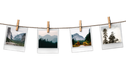 Four landscape photographs, clipped to a twine, showcase scenic views of mountains, forests, and a river, evoking a nostalgic feel