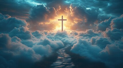 Stone path ascending through thick clouds towards a glowing cross surrounded by dramatic illuminated sky and heavenly light