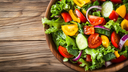 Fresh vegetable salad in a wooden bowl, vibrant and healthy ingredients. A rustic celebration of natural flavors and wholesome eating.