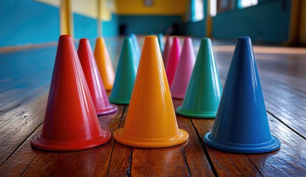 Colorful cones on wooden floor in a room