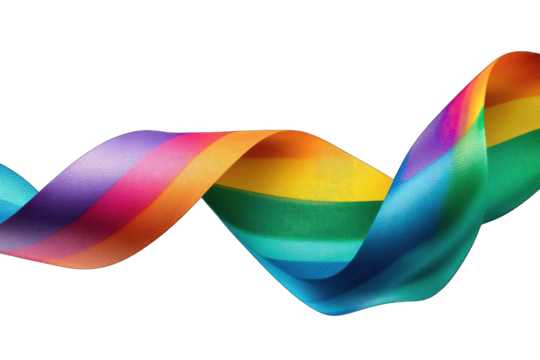 A vibrant, rainbow-colored ribbon twists and flows across a black background, creating a dynamic and colorful visual.  The ribbon's glossy surface reflects light, adding depth and dimension