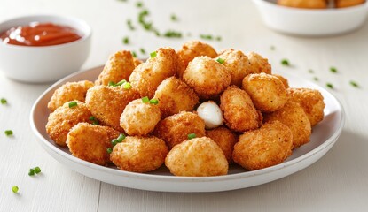 Crispy, cheesy bites piled high on a plate, topped with chives and served with a side of ketchup