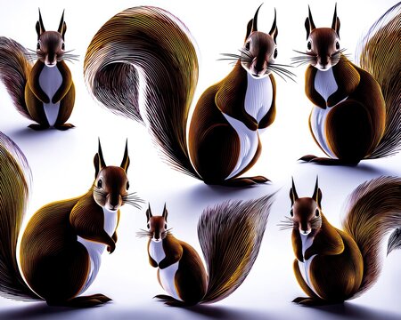 Multiple stylized squirrels on white background