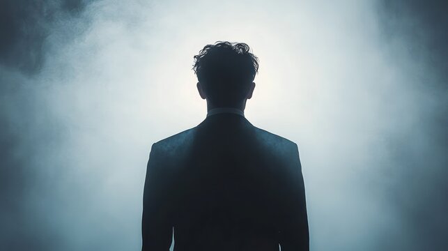 Silhouette of a man in a suit standing with his back facing the viewer against a smoky, illuminated background creating a mysterious and contemplative atmosphere