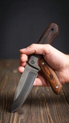 Hand holding wooden folding knife.