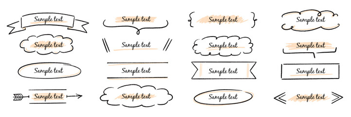 Text box hand drawn banner, frame set. Hand style brush stroke, rustic banner, cute tag, label, ornament and highlight. Graphic text shape, headline badge decoration elements. Vector illustration