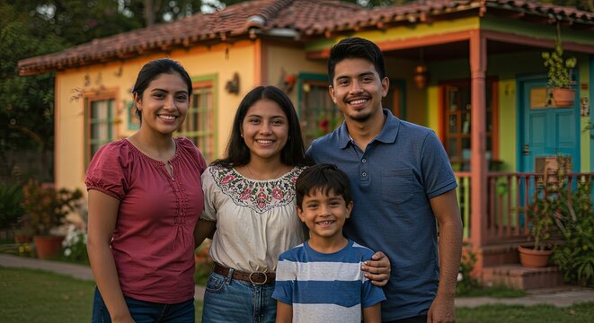Cuatro hermanos centroamericanos posan juntos con sonrisas sinceras frente a su casa, reflejando complicidad, cari&ntilde;o y el lazo que los une desde la infancia.