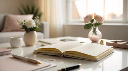 top view bright white workspace interior with journal and clean stationery placed close to soft lit window setting interior design wallpaper background