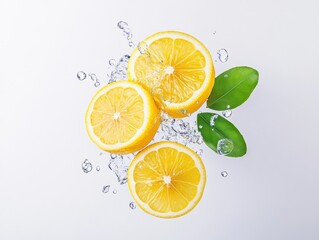 Fresh lemon slices in water splashes