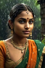 A stunning Indian female model in rain drops with green background. A Beautiful stunning Indian woman in sari enjoying rain at day time in garden.