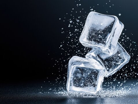 Fototapeta Ice cubes in mid-air, water droplets