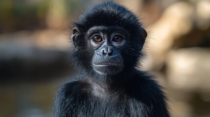 Naklejka premium Close-up portrait of a curious young primate with striking eyes looking straight ahead on nature