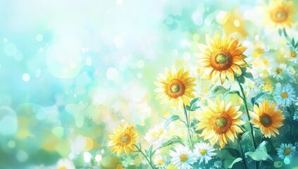 Obraz premium Summery field of sunflowers and daisies, soft pastel colors, bokeh effect