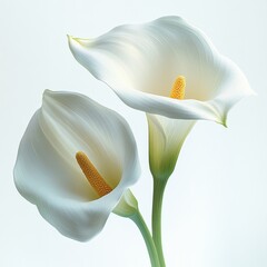 two elegant white calla lilies with smooth petals and bright yellow spadix on light background