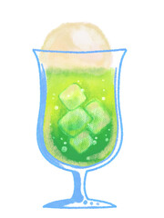 クレヨンで描いたアイスがのったメロンソーダのイラスト