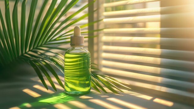 Green serum bottle, sunlight, palm leaf, window blinds