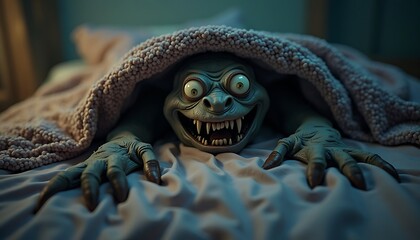 Naklejka premium Scary Creature Underneath Pink Blanket Smiling with Sharp Teeth