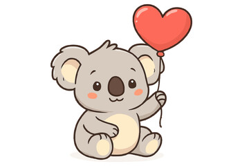 A cute koala sitting holding a red heart shaped balloon with a string on a white background view