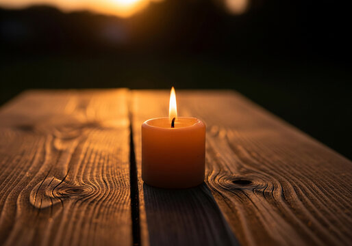 Candle Burning Softly on Wooden Surface with Evening Light &ndash; Cozy Ambience, Warm Interior Mood, and Peaceful Home Scene for Wellness and Lifestyle Themes
