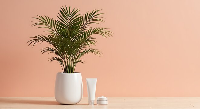 Serene Minimalist Home Decor Palm Plant, White Pot, and Skincare Products