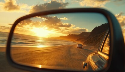 Sunset coastal drive reflected in car mirror